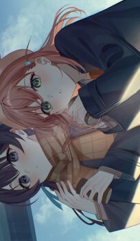 Rule 34 | 2girls, :o, beret, black coat, blue background, blue eyes, blue hair, blue ribbon, breath, brown scarf, can, closed mouth, coat, crossed bangs, dark blue hair, dkou, drink, expressionless, green eyes, hair ornament, hair ribbon, hashtag-only commentary, hasu no sora school uniform, hat, highres, hinoshita kaho, holding, holding can, holding drink, link! like! love live!, long hair, long sleeves, looking at viewer, love live!, medium hair, multiple girls, murano sayaka, orange hair, orange headwear, parted lips, rabbit hair ornament, ribbon, scarf, school uniform, sideways, swept bangs, upper body, winter uniform