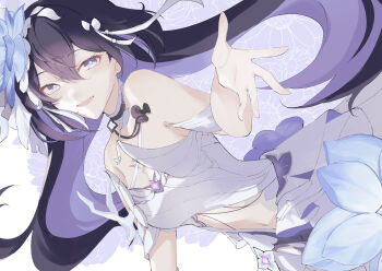 1girl absurdres bare_shoulders black_hair breasts chikahira clothing_cutout colored_inner_hair commentary_request dress flower hair_flower hair_ornament highres honkai_(series) honkai_impact_3rd long_hair looking_at_viewer medium_breasts multicolored_hair navel navel_cutout purple_hair seele_vollerei seele_vollerei_(herrscher_of_rebirth) short_hair smile solo two-tone_hair very_long_hair white_dress