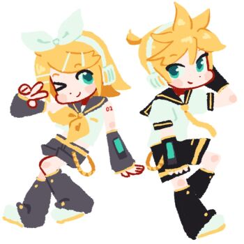 1boy 1girl aqua_eyes asdf.06528 bass_clef belt black_leg_warmers blonde_hair blue_eyes blush bow brother_and_sister commentary detached_sleeves english_commentary hair_bow hair_ornament hair_ribbon hairclip headphones headset kagamine_len kagamine_rin leg_warmers long_hair looking_at_another multiple_girls neckerchief necktie number_tattoo one_eye_closed open_mouth ribbon sailor_collar shirt short_hair shorts siblings smile tattoo twins v vocaloid white_bow yellow_nails yellow_neckerchief yellow_necktie