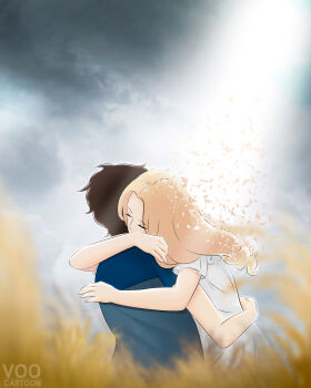 2girls absurdres anna_(omoide_no_marnie) artist_name blonde_hair blue_shirt brown_hair closed_eyes commentary disintegration dress english_commentary grey_sky highres hug long_hair marnie_(omoide_no_marnie) multiple_girls omoide_no_marnie shirt signature sky studio_ghibli voocartoon white_dress yuri