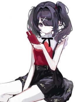 Rule 34 | 1girl, ame-chan (needy girl overdose), belt, black eyes, feet out of frame, hair ornament, hair over one eye, highres, holding, holding phone, long sidelocks, looking at viewer, neck ribbon, needy girl overdose, o u (oe holi9), phone, red shirt, ribbon, shirt, short twintails, sidelocks, sitting, skirt, suspender skirt, suspenders, twintails, winged sleeves, x hair ornament