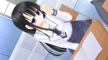 Rule 34 | 1girl, asymmetrical bangs, black hair, blue eyes, blue neckerchief, blue skirt, blunt bangs, book, breasts, chair, character request, choppy bangs, classroom, closed mouth, copyright request, cowboy shot, day, desk, dutch angle, expressionless, game cg, hand up, indoors, long hair, long sleeves, nanamiya runa, neckerchief, non-web source, official art, on chair, pleated skirt, roshutsu-kei mahou shoujo, sailor collar, school, school desk, school uniform, self-datamine, serafuku, shirt, shitou (4h), sidelocks, sitting, skirt, small breasts, solo, straight hair, white sailor collar, white shirt