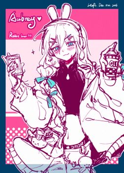 Rule 34 | 1girl, :3, animal ear hairband, animal ears, artist name, aubrey (birthday) (omori), aubrey (faraway) (omori), aubrey (omori), blue bow, blue eyes, blush, bow, braid, cardigan, character charm, character name, charm (object), closed mouth, commentary, crop top, cup, cupcake bunny (omori), dated, denim, disposable cup, double-parted bangs, drinking straw, english text, fake animal ears, forest bunny? (omori), greyscale, hair between eyes, hair bow, hair ornament, hairband, hairclip, hapr (noneprice), holding, holding cup, jeans, long sleeves, looking at viewer, low twin braids, monochrome, navel, omori, open cardigan, open clothes, pants, parallel hairclips, rabbit ear hairband, rabbit ears, sidelocks, smile, solo, spot color, symbol-only commentary, twin braids