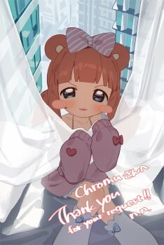 1girl animal_ears blue_bow blue_eyes blush_stickers bow chromu commentary_request commission curtain_grab curtains dress footwear_bow hair_bow half-closed_eye indie_virtual_youtuber kneehighs long_hair long_sleeves looking_at_viewer low_twintails nnmbpx open_mouth pink_bow pink_dress pink_hair raccoon_ears raccoon_girl red_bow sitting skeb_commission sleeve_bow sleeves_past_fingers sleeves_past_wrists socks solo striped_bow thank_you twintails two-tone_bow virtual_youtuber white_bow white_socks