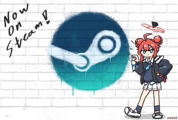 1girl ahoge blue_archive blue_eyes blue_neckerchief closed_mouth commentary_request double_bun drone0 english_text full_body graffiti hair_bun halo hand_in_pocket highres korean_commentary long_sleeves maki_(blue_archive) mixed-language_commentary neckerchief pleated_skirt red_hair school_uniform shoes short_hair signature skirt smile solo spray_can steam_(platform) white_shoes white_skirt