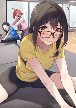 3girls 92m bike_shorts black-framed_eyewear black_hair blouse blue_hair blue_shirt blush braid breasts commentary_request dateko_(92m) exercising glasses highres indoors jacket kakita_(92m) kinshi_no_ane_(92m) looking_at_another looking_at_viewer medium_breasts multiple_girls original parted_lips pink_jacket red_hair shirt short_sleeves single_braid sitting spread_legs t-shirt track_jacket yellow_eyes yellow_shirt