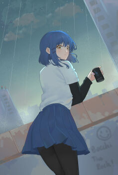 1girl absurdres blue_hair blue_skirt bocchi_the_rock! brown_eyes can closed_mouth commentary_request copyright_name graffiti hair_ornament hairclip highres holding holding_can jiyue_(murasame524) long_sleeves monster_energy outdoors pantyhose pleated_skirt rain shirt short_hair skirt solo white_shirt yamada_ryo