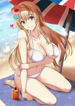 1girl arm_under_breasts barefoot beach bikini blonde_hair blue_eyes breasts cleavage commentary_request feet flower hair_flower hair_ornament hairband heart hibiscus highres kantai_collection kuurunaitsu large_breasts long_hair lotion navel ocean outdoors seiza shadow sitting solo stomach sunscreen swimsuit thighs toes umbrella union_jack variant_set very_long_hair warspite_(kancolle) white_bikini white_hairband