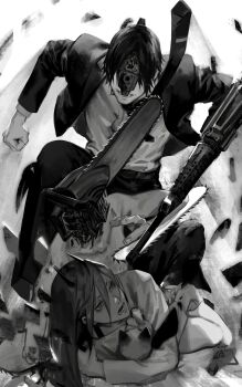 1girl 2boys black_hair black_necktie black_pants black_suit chainsaw chainsaw_devil chainsaw_man collared_shirt denji_(chainsaw_man) fighting formal_clothes greyscale gun gun_devil_(chainsaw_man) highres monochrome multiple_boys necktie pants power_(chainsaw_man) seki_(fyfyfy) shirt suit weapon