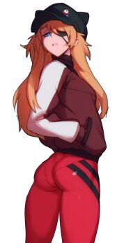 1girl ass black_hat blue_eyes bodysuit closed_mouth cowboy_shot doxy evangelion:_3.0_you_can_(not)_redo eyepatch flipped_hair from_behind frown hands_in_pockets hat highres jacket long_hair looking_ahead looking_back mecha_pilot_suit multicolored_jacket neon_genesis_evangelion orange_hair plugsuit_(evangelion) rebuild_of_evangelion red_bodysuit red_jacket sidelocks simple_background solo souryuu_asuka_langley standing straight_hair swept_bangs white_background white_jacket wide_hips