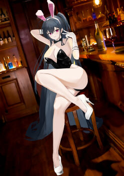 1girl absurdly_long_hair absurdres alternate_costume animal_ears azur_lane bar_(place) bar_stool bare_shoulders black_bow black_bowtie black_hair black_leotard bottle bow bowtie breasts cleavage commentary_request detached_collar fake_animal_ears full_body gloves high_heels highres indoors large_breasts leotard long_hair playboy_bunny rabbit_ears red_eyes shoes sitting solo stool suo_bu_ye_feng taihou_(azur_lane) variant_set very_long_hair white_gloves white_shoes