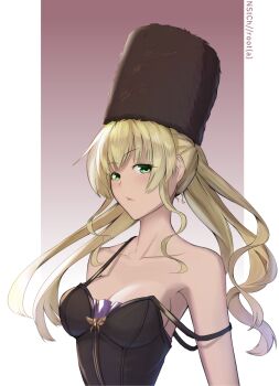 1girl alternate_breast_size artist_name bare_shoulders blonde_hair breasts cleavage code_vein collarbone commentary female_focus frown fur_hat green_eyes hat highres long_hair looking_at_viewer medium_breasts mia_karnstein nstch_root_a off_shoulder solo twintails