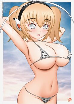 1girl animal_print armpits arms_behind_head artist_name bikini blonde_hair breasts cleavage covered_erect_nipples cow_print cow_print_bikini curvy grey_eyes large_breasts legs long_hair navel open_mouth pink_lips print_bikini senran_kagura sideboob smile solo swimsuit thighs thong_bikini tongue twintails ushimaru_(senran_kagura)