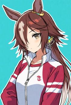 Rule 34 | 1girl, animal ears, blush, breasts, brown eyes, brown hair, closed mouth, collarbone, gym shirt, hair over one eye, horse ears, horse girl, jacket, long hair, long sleeves, looking at viewer, mauve, multicolored hair, red jacket, red track suit, shirt, simple background, tracen training uniform, track jacket, track suit, umamusume, upper body, vodka (umamusume), white hair, white shirt
