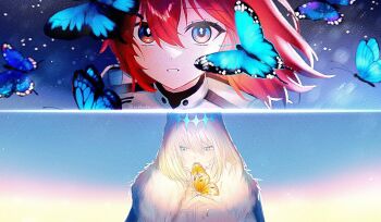 1boy 1girl ahoge blue_butterfly blue_eyes bug butterfly cloak crown diamond_hairband dress fate/grand_order fate_(series) fujimaru_ritsuka_(female) fujimaru_ritsuka_(female)_(decisive_battle_chaldea_uniform) fur-trimmed_cloak fur_trim gloves grey_hair highres insect insect_on_finger jacket kr38roka medium_hair oberon_(fate) oberon_(second_ascension)_(fate) orange_eyes orange_hair robe white_dress white_jacket white_robe