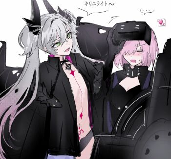 2girls armor armored_leotard black_armor black_cloak black_hands black_leotard black_panties blush body_markings breasts choker cleavage cleavage_cutout cloak closed_eyes clothing_cutout collar colored_extremities crossed_bangs demon_girl demon_horns demon_wings ear_piercing fate/grand_order fate_(series) green_eyes grey_hair hair_between_eyes hair_over_one_eye head-mounted_display highres horns large_breasts leotard lilith_(fate) lilith_(second_ascension)_(fate) long_hair mash_kyrielight mash_kyrielight_(ortenaus) metal_collar multiple_girls navel nekwnek panties piercing pink_hair pointy_ears shield short_hair small_breasts smile stomach_tattoo tattoo translation_request twintails underwear very_long_hair wings