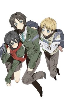 aqua_necktie armin_arlert backpack bag black_hair blonde_hair blue_eyes book brown_hair collared_shirt eren_yeager full_body green_jacket grey_eyes grey_pants grey_skirt grey_sweater_vest hair_between_eyes hand_on_another&#039;s_shoulder headphones highres holding holding_book jacket looking_at_another mikasa_ackerman necktie negiii_to_1 open_mouth pants parted_bangs red_scarf scarf school_uniform shingeki_no_kyojin shirt short_hair skirt smile suit_jacket survey_corps_(emblem) sweater_vest white_background white_shirt