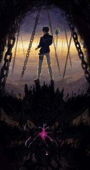 1boy 1girl absurdres artist_name black_hair blue_hair chain commentary eiyuu_densetsu english_commentary floating from_behind full_body fur_trim highres jacket kenjocatze kuro_no_kiseki_(series) kuro_no_kiseki_i long_sleeves mare_(eiyuu_densetsu) multicolored_hair pants short_hair streaked_hair twintails two-tone_hair van_arkride white_pants