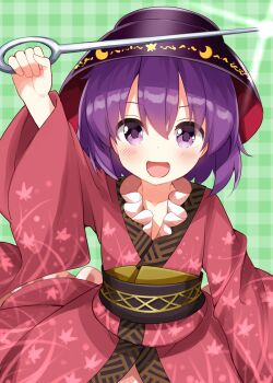 Rule 34 | 1girl, :d, arm up, blush, bowl, bowl hat, checkered background, commentary request, green background, hat, highres, holding, holding needle, japanese clothes, kimono, long sleeves, looking at viewer, needle, obi, open mouth, outstretched arm, purple eyes, purple hair, purple hat, red kimono, ruu (tksymkw), sash, short hair, smile, solo, sukuna shinmyoumaru, touhou, upper body, wide sleeves