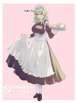 1girl alternate_costume apron black_dress breasts clothes_lift commentary_request cup dress dress_lift female_byleth_(fire_emblem) fire_emblem fire_emblem:_three_houses frilled_apron frilled_hairband frills full_body green_eyes green_hair hairband highres holding holding_tray kettle large_breasts lifting_own_clothes loafers long_hair looking_at_viewer maid maid_apron maid_headdress nintendo pantyhose pink_background ramu_1se saucer shoes simple_background skirt_hold solo tray white_pantyhose