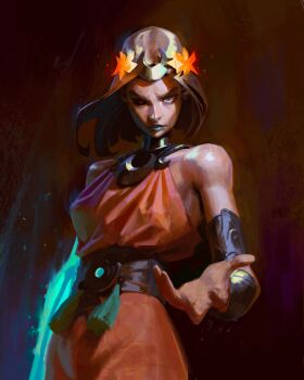 absurdres ancient_greek_clothes asymmetrical_arms blonde_hair bone colored_sclera dress glowing_arm greco-roman_clothes green_arm green_lips hades_(series) hades_2 highres laurel_crown looking_at_viewer melinoe_(hades) mismatched_sclera orange_dress see-through_body skeletal_arm vegetalesirie