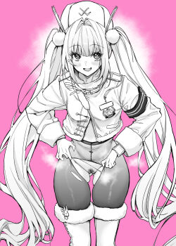 1girl 777_(nikke) black_pantyhose blanc_(nikke) blush boots fur-trimmed_boots fur-trimmed_jacket fur_trim goddess_of_victory:_nikke greyscale greyscale_with_colored_background hat highres jacket long_hair long_sleeves looking_at_viewer monochrome mushi024 official_alternate_costume pantyhose pubic_hair smile tearing_clothes torn_clothes torn_pantyhose twintails very_long_hair