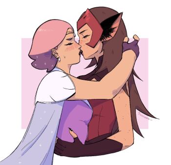 Rule 34 | 2girls, animal ears, brown hair, cape, cat ears, cat girl, catra, circlet, claws, closed eyes, commentary, english commentary, fingerless gloves, french kiss, glimmer (she-ra), gloves, kiss, multiple girls, pink hair, she-ra and the princesses of power, short hair, signature, treasuxe, yuri