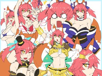 animal_ears breasts drawfag fate_(series) fox_ears hat large_breasts midriff navel pink_hair ribbon stomach tagme tamamo_no_mae_(fate) top_hat underboob yellow_eyes