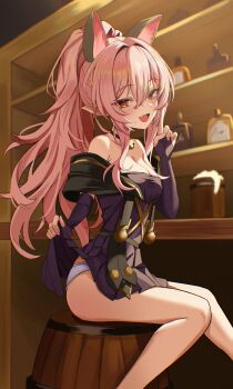 1girl :d absurdres animal_ears bare_shoulders bell black_choker blush breasts choker cleavage double-parted_bangs dress elbow_gloves fang feet_out_of_frame fingerless_gloves gloves hair_between_eyes hand_up high_ponytail highres indoors legs long_hair long_sidelocks medium_breasts neck_bell open_mouth original panties pink_hair pointy_ears ponytail purple_dress purple_gloves red_eyes sidelocks sitting smile solo thighs underwear white_panties zzirit6