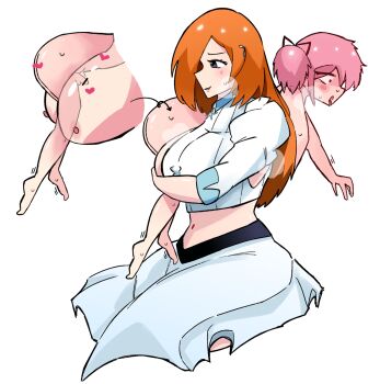 1futa 1girl age_difference artiction black_eyes bleach breasts carrying carrying_over_shoulder carrying_person clothed_paizuri crossover feet from_side futanari heart huge_breasts inoue_orihime kaname_madoka loli mahou_shoujo_madoka_magica multiple_girls navel nipples orange_hair over_shoulder paizuri paizuri_under_clothes penis pink_eyes pink_hair simple_background size_difference small_penis small_testicles steam sweat testicles tongue white_background x-ray