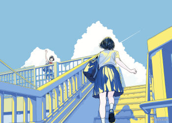 Rule 34 | 2girls, bag, black footwear, black hair, blue skirt, blue sky, cloud, cloudy sky, day, from behind, highres, multiple girls, original, outdoors, pleated skirt, red neckwear, shadow, shirt, shirt tucked in, shoes, short hair, short sleeves, shoulder bag, skirt, sky, socks, stairs, tanaka hirotaka, white legwear, white shirt, wide shot