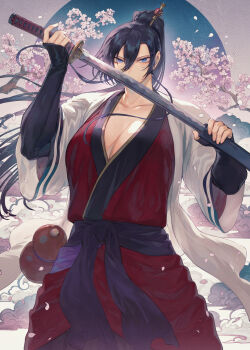 Rule 34 | 1girl, black hair, black hakama, blue eyes, breasts, cherry blossoms, cleavage, cloud, commentary request, cowboy shot, drawing sword, falling petals, gourd, hair between eyes, hair ornament, hakama, haori, high ponytail, highres, holding, holding sword, holding weapon, japanese clothes, kagura (kagurai), kagurai ~kagura and raito~, kanzashi, katana, kimono, large breasts, long hair, looking at viewer, manaita obi, mashutarou (neko no oyashiro), obi, petals, ponytail, red kimono, samurai, sash, scabbard, sheath, solo, standing, sword, tama kanzashi, tree, unsheathing, weapon, white haori