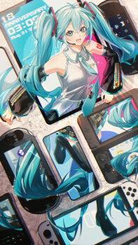 1girl :d absurdly_long_hair absurdres aqua_bow aqua_bowtie aqua_eyes aqua_hair bare_shoulders black_dress black_sleeves black_thighhighs bow bowtie breasts clock detached_sleeves digital_clock dress full_body gameplay_mechanics gesture_request hatsune_miku high_collar highres long_hair looking_at_viewer medium_breasts microphone number_tattoo open_mouth painting_(object) pleated_skirt redpower shirt skirt smile solo tablet_pc tattoo teeth thighhighs through_medium through_screen upper_teeth_only very_long_hair vocaloid white_shirt