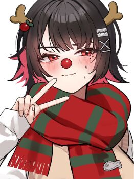 1girl alternate_costume averting_eyes black_hair blush closed_mouth colored_inner_hair comiket_107 commentary_request ellen_joe fake_antlers green_scarf highres mole mole_under_eye multicolored_hair portrait razor_blade_hair_ornament red_eyes red_nose red_scarf scarf shark_girl shirt short_hair simple_background solo striped_clothes striped_scarf sweat sweater_vest two-tone_scarf v white_background white_shirt yuna_(deadawon) zenless_zone_zero