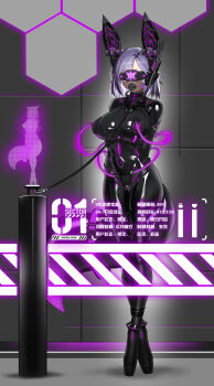 1girl absurdres animal_ears armbinder ballet_boots bdsm blindfold bodysuit bondage bound bound_arms bound_legs breasts collar elegia fake_animal_ears final_fantasy final_fantasy_xiv full_body gag gagged highres hologram large_breasts latex latex_bodysuit leash miqo&#039;te original plug_gag purple_hair shiny_clothes short_hair skin_tight slave solo standing tail tube