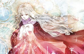 1girl cape closed_mouth colored_skin dress egg girl_(tenshi_no_tamago) grey_hair holding holding_egg long_hair pink_dress purple_scarf red_cape red_eyes ruka_(blueplus84) scarf solo tenshi_no_tamago_(anime) white_skin
