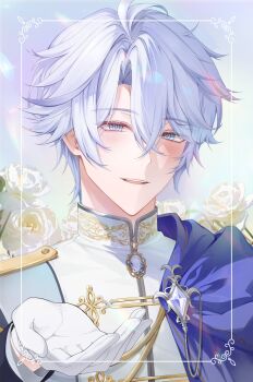 1boy absurdres alternate_costume blue_cape blue_eyes cape commentary english_commentary flower gloves hair_between_eyes hamo_(miyo_rmo2) hand_up highres honkai:_star_rail honkai_(series) looking_at_viewer male_focus offering_hand phainon_(honkai:_star_rail) rose short_hair side_cape smile solo upper_body white_flower white_gloves white_hair white_rose