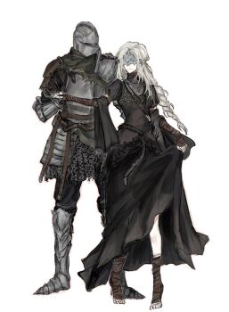 Rule 34 | 1girl, 1other, armor, ashen one (dark souls), black dress, blindfold mask, blonde hair, cape, capelet, chanchankona be, cloak, closed mouth, covered eyes, dancing, dark souls (series), dark souls iii, dress, fire keeper, jewelry, long hair, mask, necklace, simple background, smile