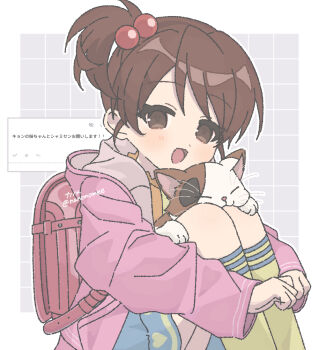 1girl :d backpack bag blue_skirt brown_eyes brown_hair calico_(pattern) calico_cat commentary_request hood hooded_jacket jacket knees_up kyon&#039;s_sister long_sleeves nanonome open_mouth pink_jacket randoseru shamisen_(suzumiya_haruhi) side_ponytail simple_background sitting skirt smile solo suzumiya_haruhi_no_yuuutsu tongue translation_request white_background