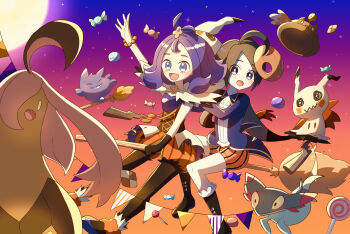 Rule 34 | 1boy, 1girl, acerola (fall 2020) (pokemon), acerola (pokemon), ahoge, allister (fall 2022) (pokemon), allister (pokemon), black hair, broom, broom riding, candy, dreepy, food, gen 1 pokemon, gen 6 pokemon, gen 7 pokemon, gen 8 pokemon, gengar, gourgeist, harapeko (syokuyokuousei), highres, lollipop, mask, mimikyu, night, nintendo, official alternate costume, open mouth, pokemon, pokemon (creature), pokemon masters ex, purple hair, sky, string of flags, swirl lollipop, unworn mask