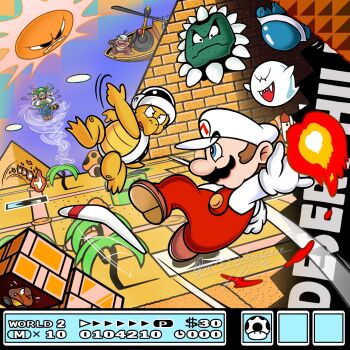 aircraft airship angry angry_sun blue_sky boo_(mario) boomerang boomerang_bro brick brown_shoes buzzy_beetle closed_mouth commentary_request dated day desert facial_hair fire fire_mario fire_snake_(mario) fireball flying_sweatdrops ghost gloves green_hat green_shirt hat highres holding holding_wand in-universe_location luigi mario mario_(series) morton_koopa_jr. motion_lines mustache nintendo official_style one_eye_closed open_mouth overalls pile_driver_micro-goomba pyramid_(structure) raccoon_luigi red_overalls sharp_teeth shirt shoes sky spinning sun super_mario_bros._3 teeth thwomp tree twitter_username wand warp_pipe white_gloves white_hat white_shirt wissu_type