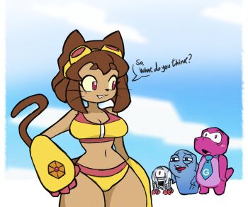 1girl 3boys absurdres alternate_costume animal_ears beach bikini breasts brown_hair cat_ears cat_girl cat_tail curvy dinosaur flappers_(gameoverse) furry furry_female gameoverse gobbles_(gameoverse) highres huge_breasts kaboodle_(gameoverse) kit_bodega large_breasts multiple_boys official_alternate_costume pink_eyes robot shark short_hair swimsuit tail thong thong_bikini venkydraws wide_hips yellow_bikini