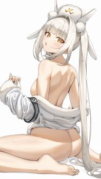 1girl :o absurdres ass back bare_shoulders blanc_(fortune_express)_(nikke) blanc_(nikke) breasts fang goddess_of_victory:_nikke hat highres looking_at_viewer medium_breasts off_shoulder official_alternate_costume pixel_(yuxian) simple_background sitting solo wariza white_background white_hair white_hat yellow_eyes