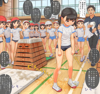 ^^^ absurdres bare_legs black_hair bloomers brown_eyes crying crying_with_eyes_open full_body gym_uniform hair_tie highres humiliation indoors japanese_text name_tag onlookers original pee peeing peeing_self puddle shirt shoes short_hair short_sleeves short_twintails speech_bubble standing tears translation_request trembling twintails underwear uwabaki vaulting_horse white_shirt yawamugi
