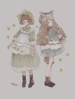 2girls animal_ears ankle_socks apron beret blouse blue_skirt blunt_bangs boots bow brown_boots brown_eyes brown_hair closed_mouth collar commentary dress expressionless falling_leaves fox_ears fox_tail frilled_collar frills full_body ginkgo_leaf glasses green_dress hair_between_eyes hair_bow hair_ribbon hat highres holding leaf long_hair long_sleeves looking_at_viewer mary_janes multiple_girls neck_ribbon nekosuke_(oxo) original pale_skin red_ribbon ribbon shirt shoes short_hair simple_background skirt socks standing straight-on stuffed_animal stuffed_toy symbol-only_commentary tail teddy_bear traditional_media wavy_hair white_apron white_background
