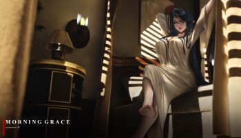 Rule 34 | 1girl, absurdres, arms up, barefoot, bed, bedroom, blue eyes, breasts, commentary, english commentary, genshin impact, glasses, green hair, highres, lampshade, large breasts, long hair, panbol 98, parted lips, see-through clothes, signature, sitting, solo, stretching, toes, window, xianyun (genshin impact)