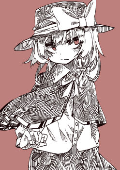1girl absurdres alternate_eye_color black_capelet black_hat black_skirt blush bow bowtie capelet closed_mouth collared_shirt dress_shirt greyscale_with_colored_background hair_bow hat hat_bow highres long_sleeves muraryo red_background red_eyes shirt short_hair skirt sleeve_cuffs touhou usami_renko white_shirt