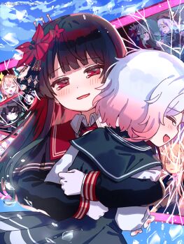 Rule 34 | 6+girls, :d, black hair, black shirt, black skirt, blunt bangs, blush, character request, closed eyes, colored inner hair, commentary, dot nose, fang, gradient hair, green sailor collar, hasumi leia, highres, hug, jogasaki noah, kurobe nanoka, long hair, long sleeves, mahou shoujo no majo saiban, multicolored hair, multiple girls, narehate (mahou shoujo no majo saiban), nene man, nikaido hiro, open mouth, pleated skirt, red eyes, red hair, red sailor collar, sailor collar, sakuraba ema, school uniform, serafuku, shirt, short hair, skirt, smile, spoilers, tears, tsukishiro yuki