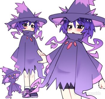 1girl :3 artist_name black_eyes blush cape colored_sclera full_body gen_4_pokemon hair_between_eyes hat high_collar highres long_sidelocks looking_at_viewer mismagius multiple_views nintendo open_mouth personification pokemon pokemon_(creature) purple_cape purple_hair purple_shoes red_eyes shoes short_hair shorts sidelocks sneakers socks standing tsunderemaids tsurime very_long_sidelocks white_background white_socks witch_hat yellow_sclera