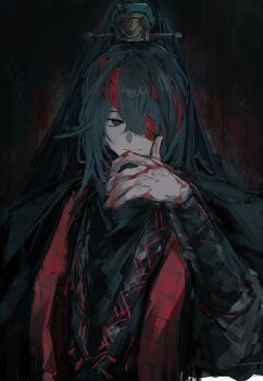 1boy absurdres bandage_over_one_eye black_eyes black_hair black_hanfu black_robe blood blood_on_face blood_on_hands chinese_clothes closed_mouth family_hierarch_candidate_(identity)_(project_moon) hand_up hanfu high_ponytail highres hong_lu_(project_moon) light_smile limbus_company long_hair long_sleeves male_focus munh422 one_eye_covered ponytail project_moon robe solo stole upper_body very_long_hair xiao_guan_(headdress)